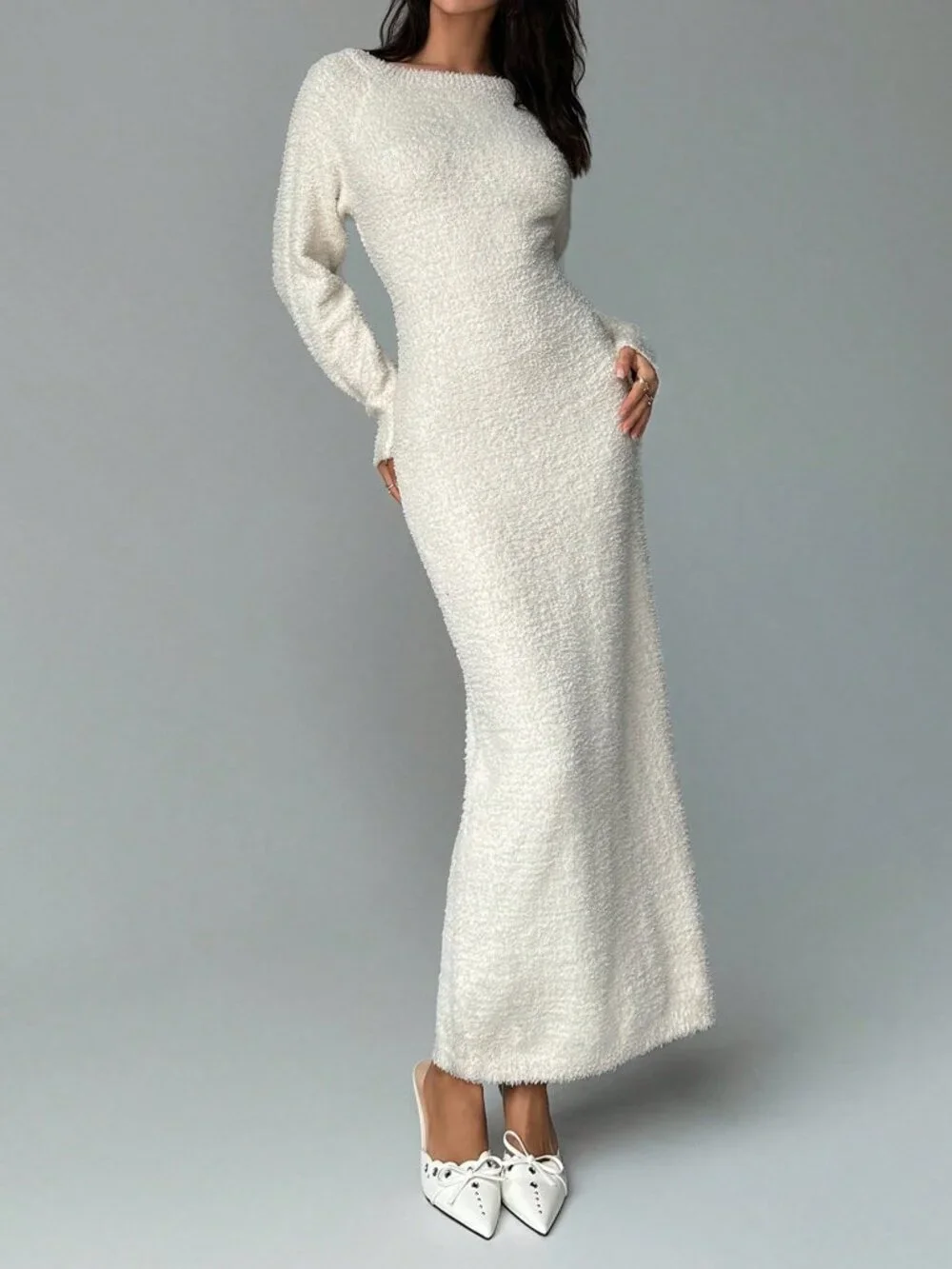 Off-White Casual Women's Plush Knitted Sweater Dress